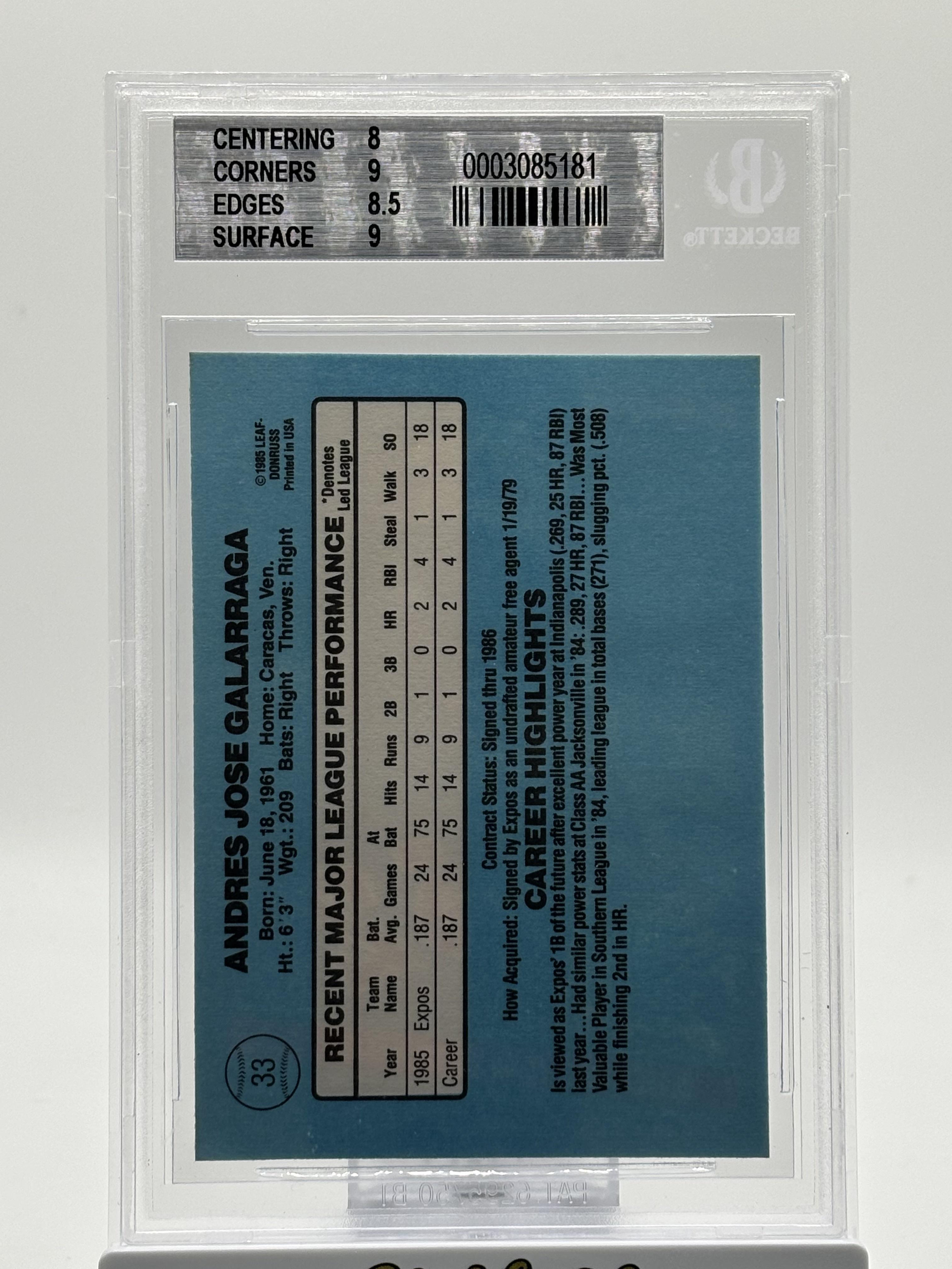 1986 Donruss #33A Andres Galarraga Rookie Card BGS 8.5
