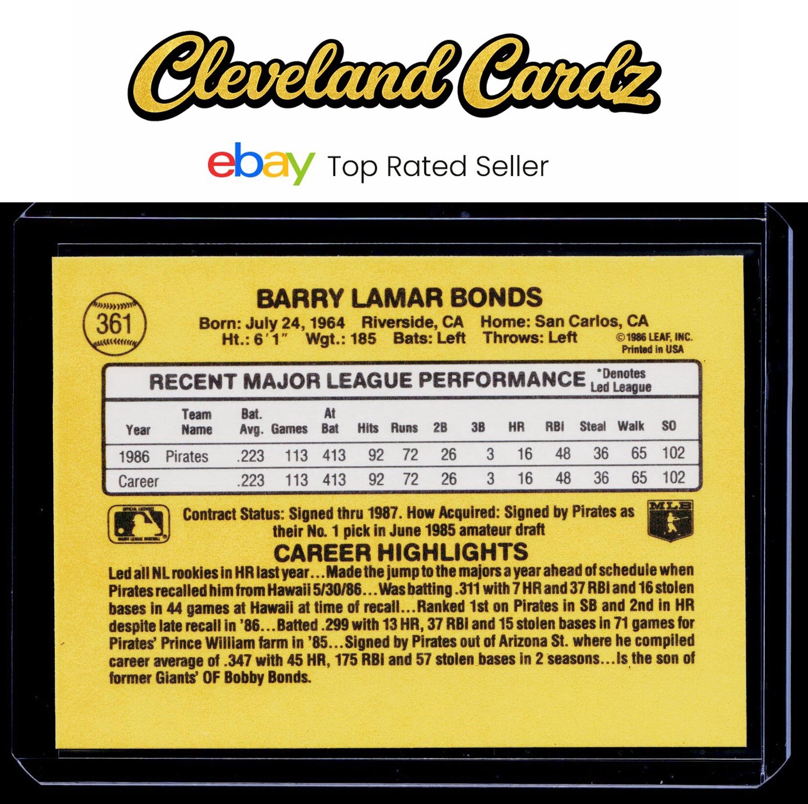 1987 Donruss #361 Barry Bonds Rookie Card