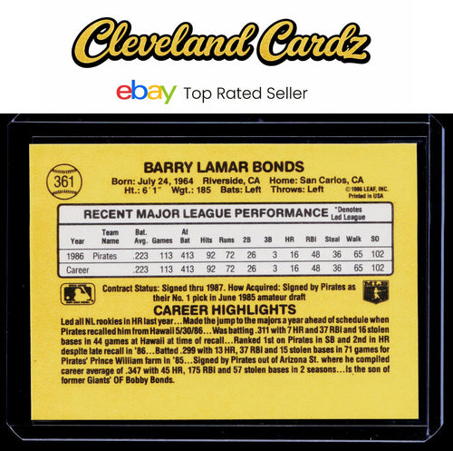 1987 Donruss #361 Barry Bonds Rookie Card