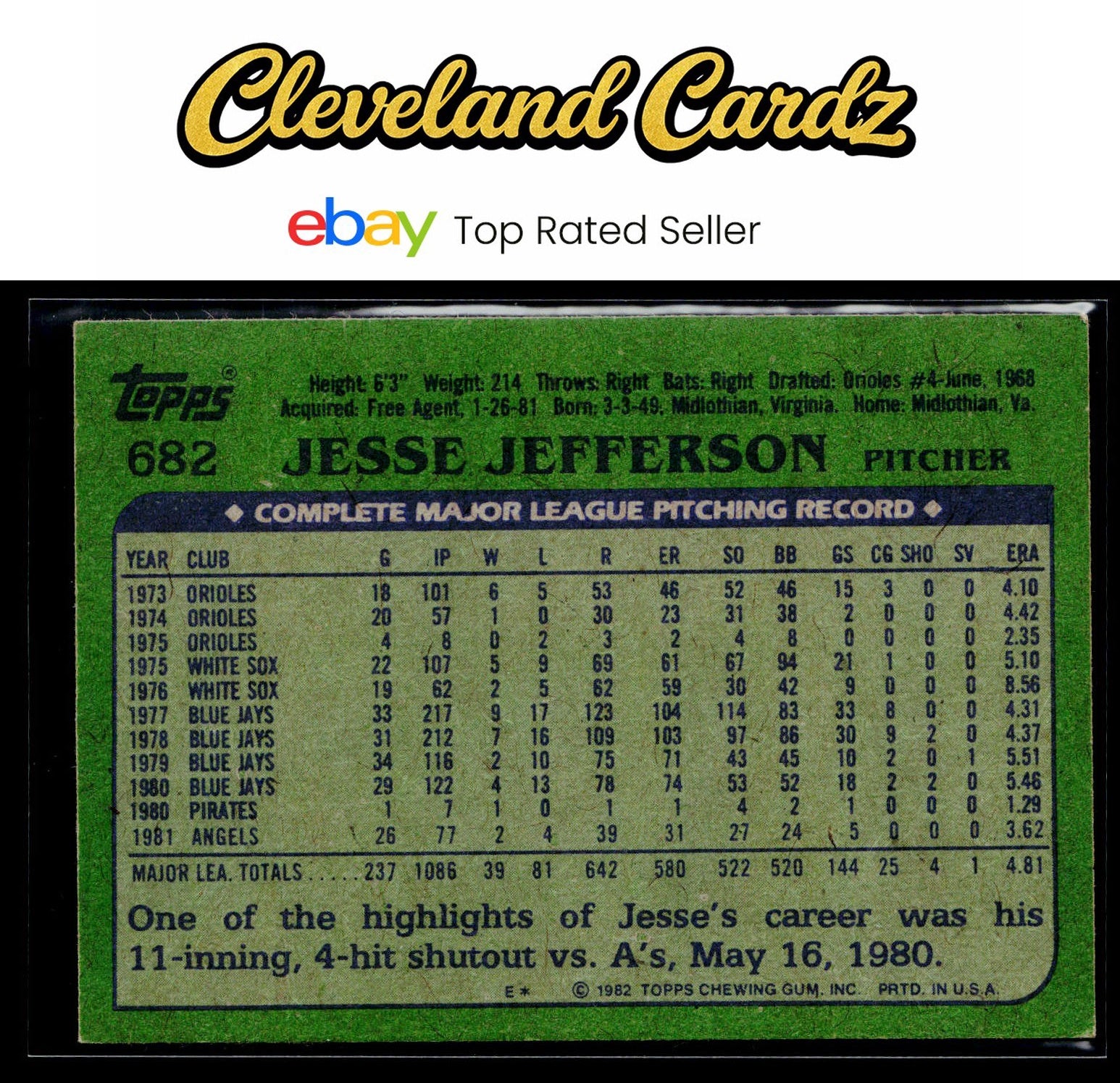 1982 Topps #682 Jesse Jefferson