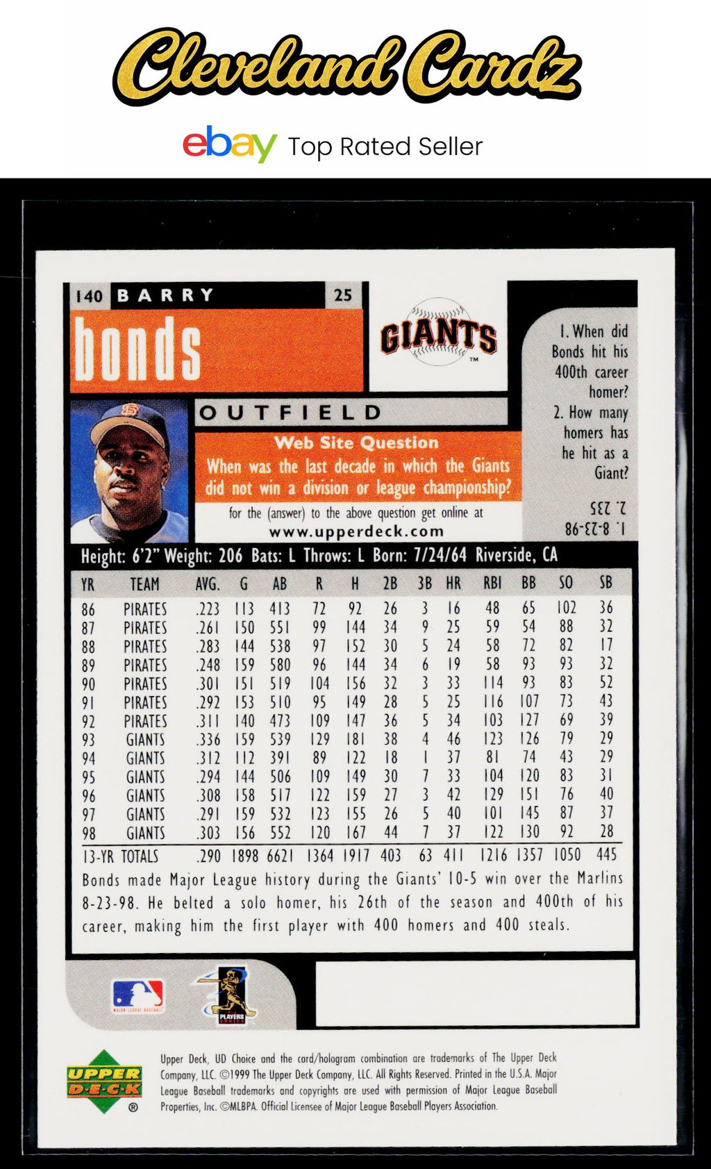 1999 UD Choice #140 Barry Bonds