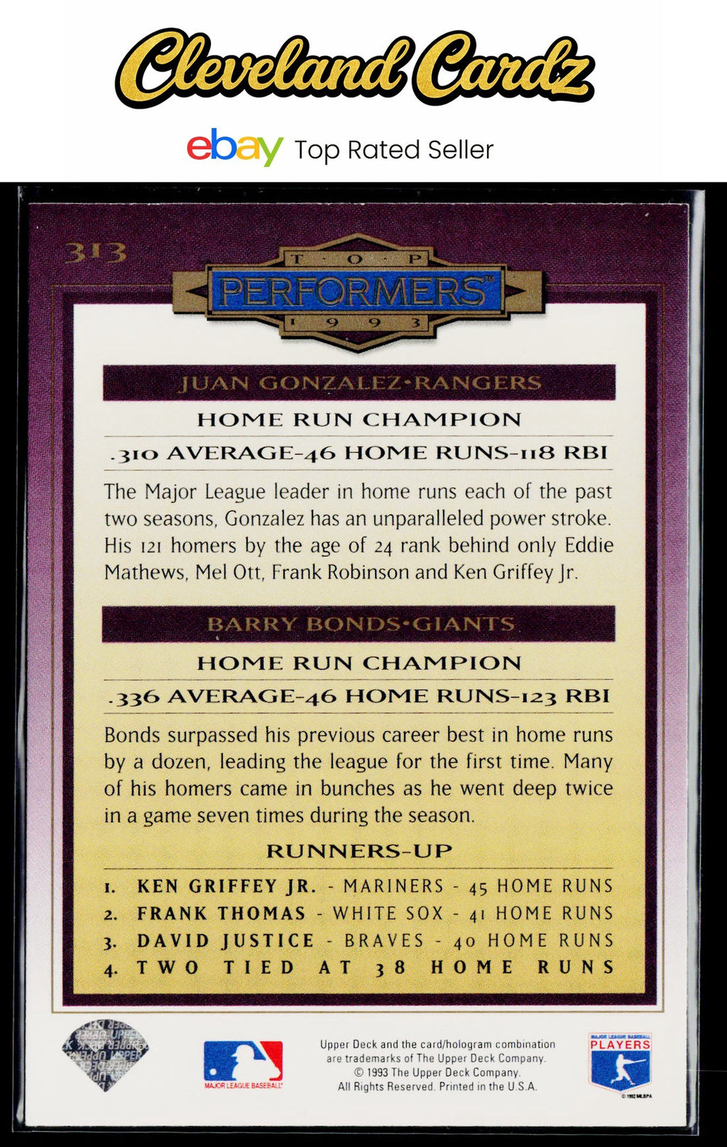 1994 Collector's Choice #313 Juan Gonzalez / Barry Bonds