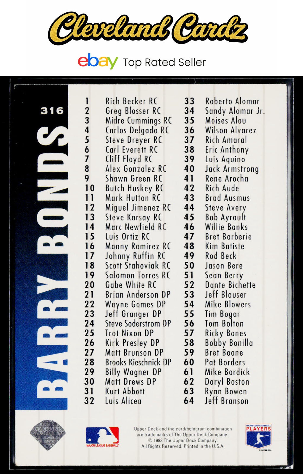1994 Collector's Choice #316 Barry Bonds