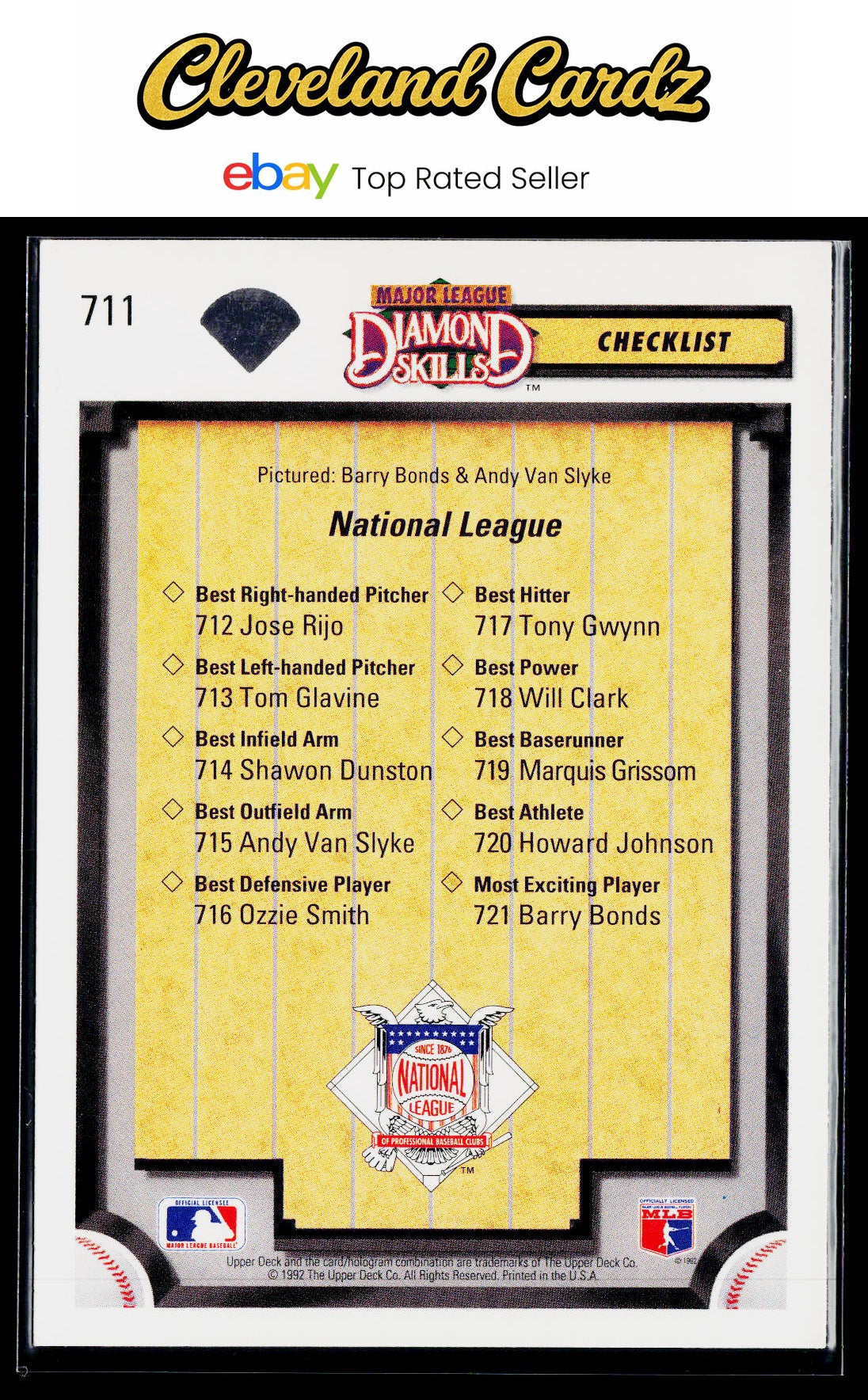 1992 Upper Deck #711 Diamond Skills Checklist (Barry Bonds / Andy Van Slyke)