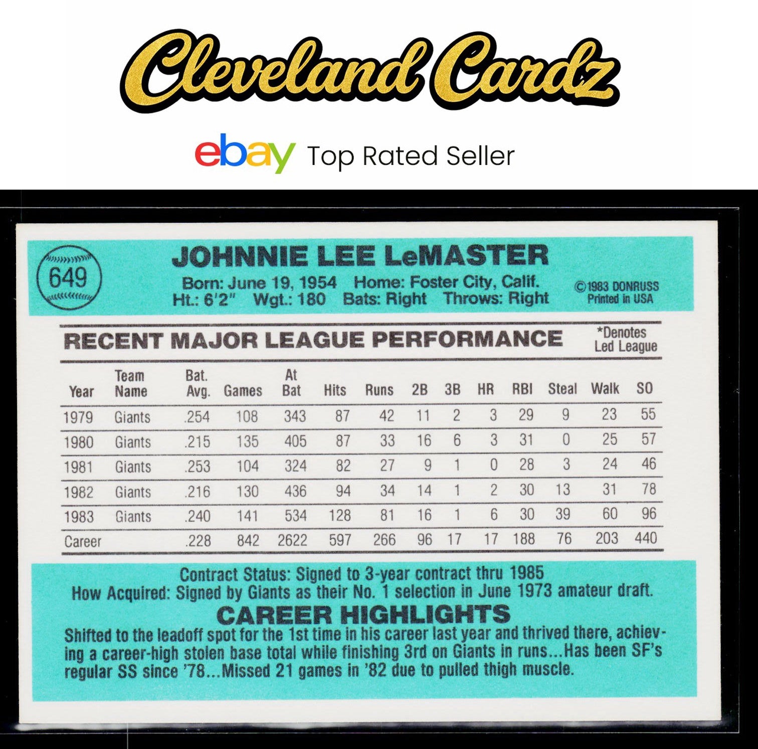 1984 Donruss #649 Johnnie LeMaster