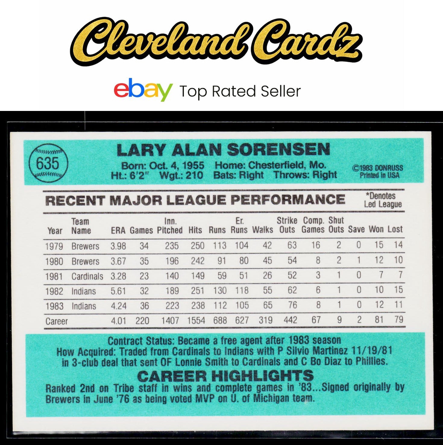 1984 Donruss #635 Lary Sorensen