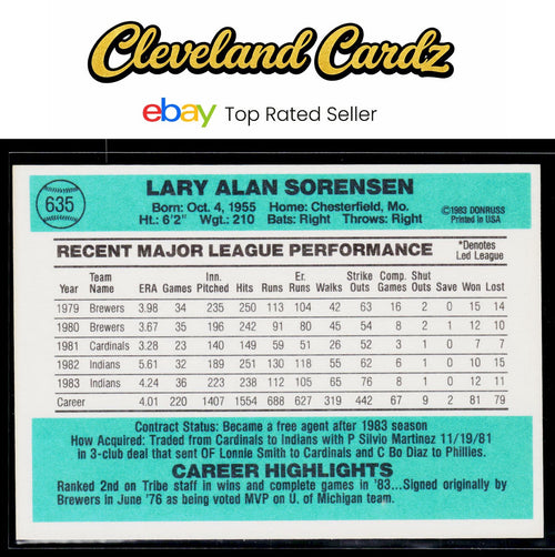 1984 Donruss #635 Lary Sorensen