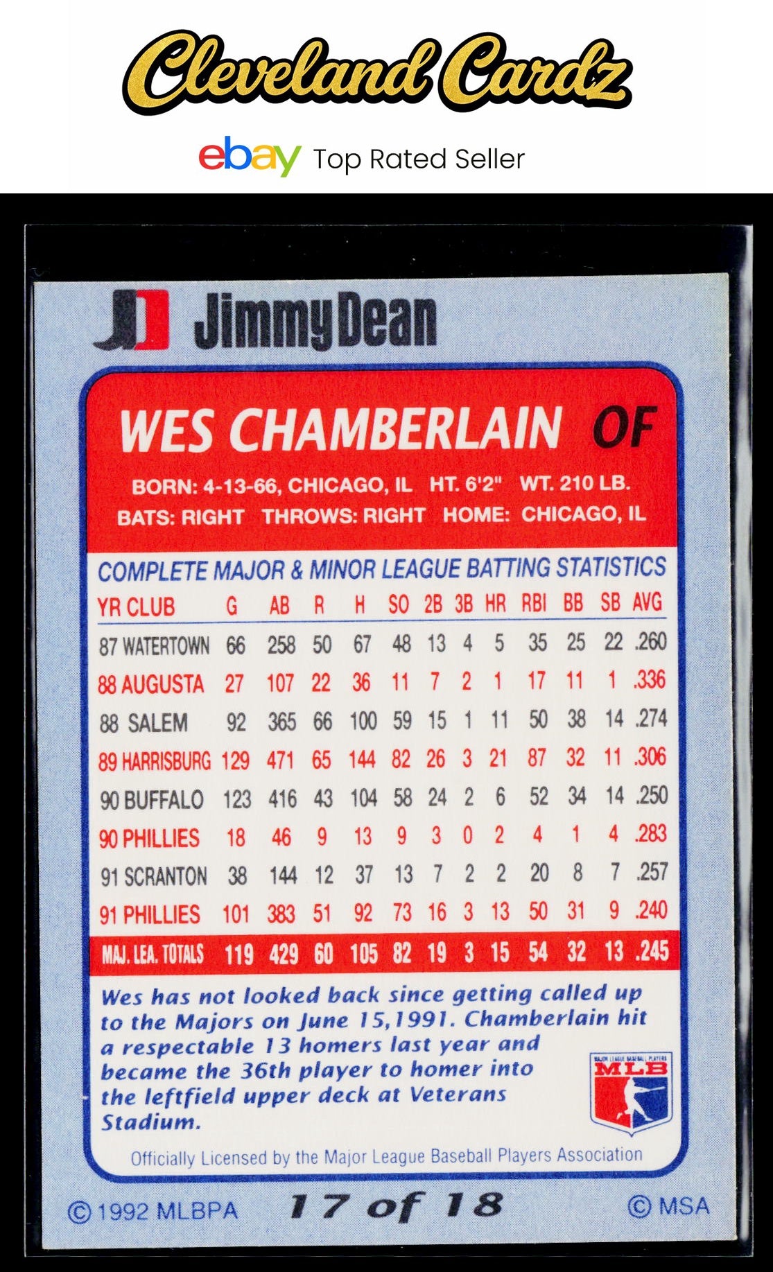 1992 Jimmy Dean #17 Wes Chamberlain