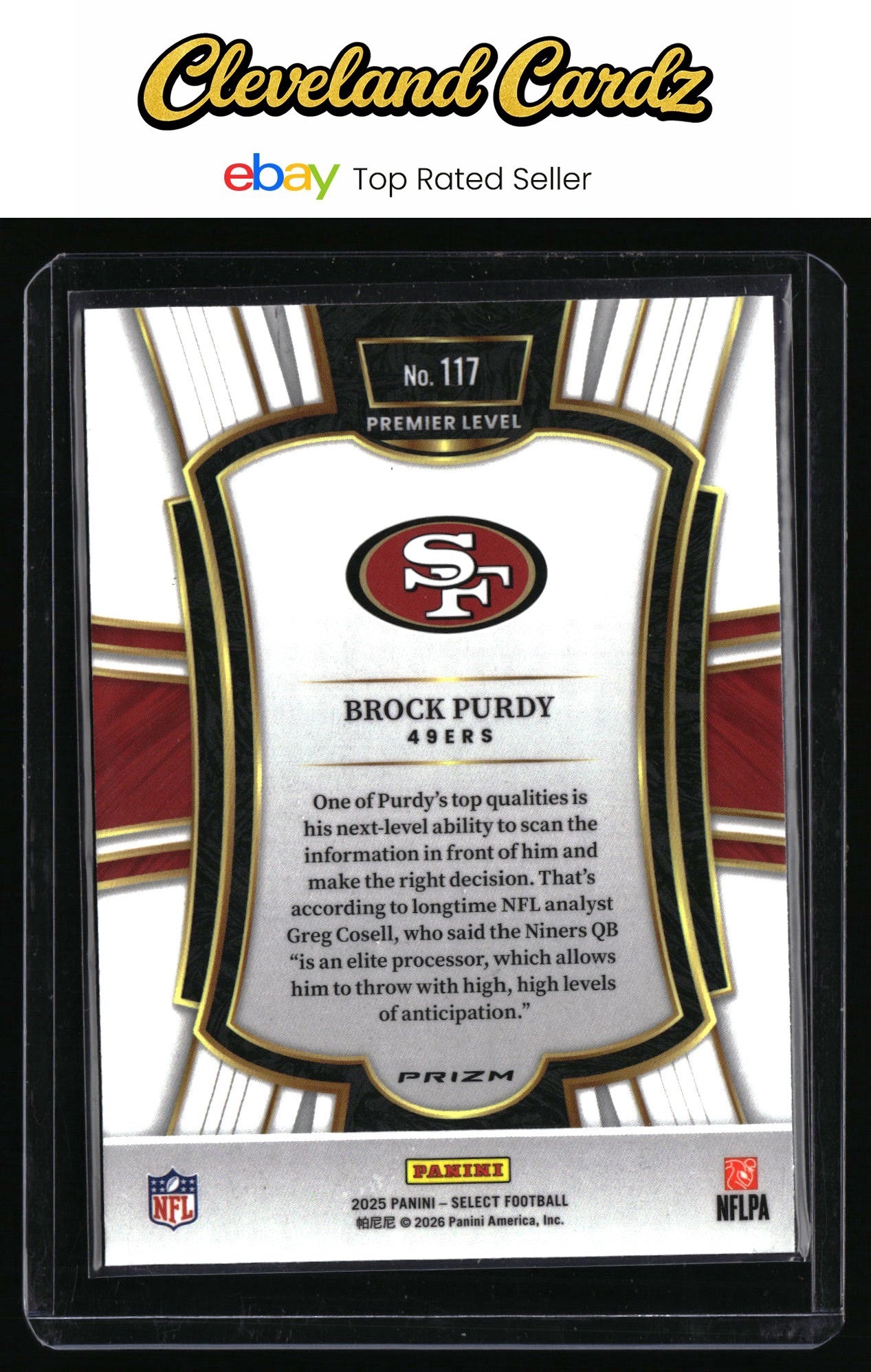 2025 Panini Select #117 Brock Purdy Black and Gold Prizm Shock