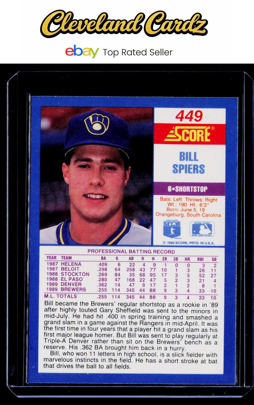1990 Score #449a Bill Spiers