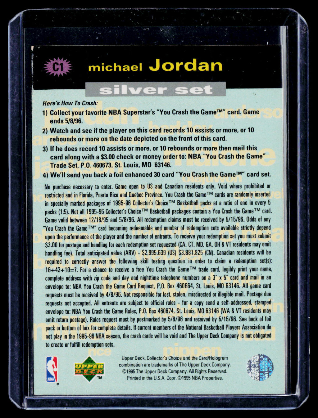 1995-96 Collector's Choice #C1 Michael Jordan CrashtheGame Silver:Assist/Rebound