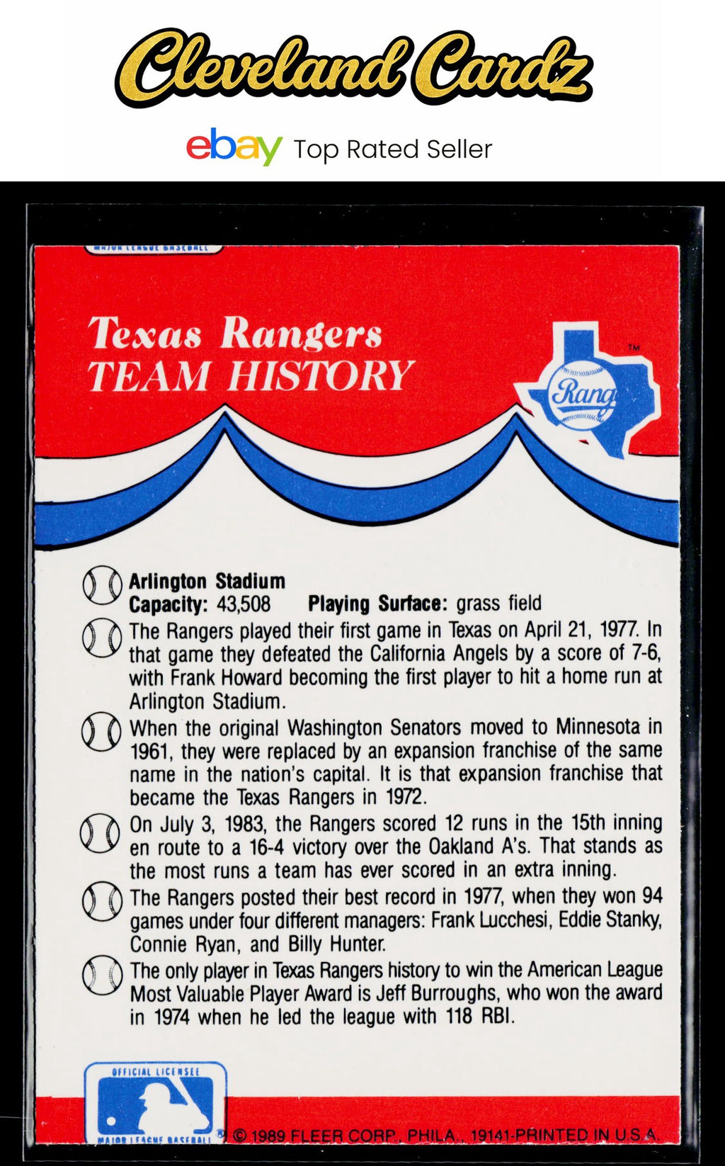 1989 Fleer #NNO Texas Rangers Team Stickers