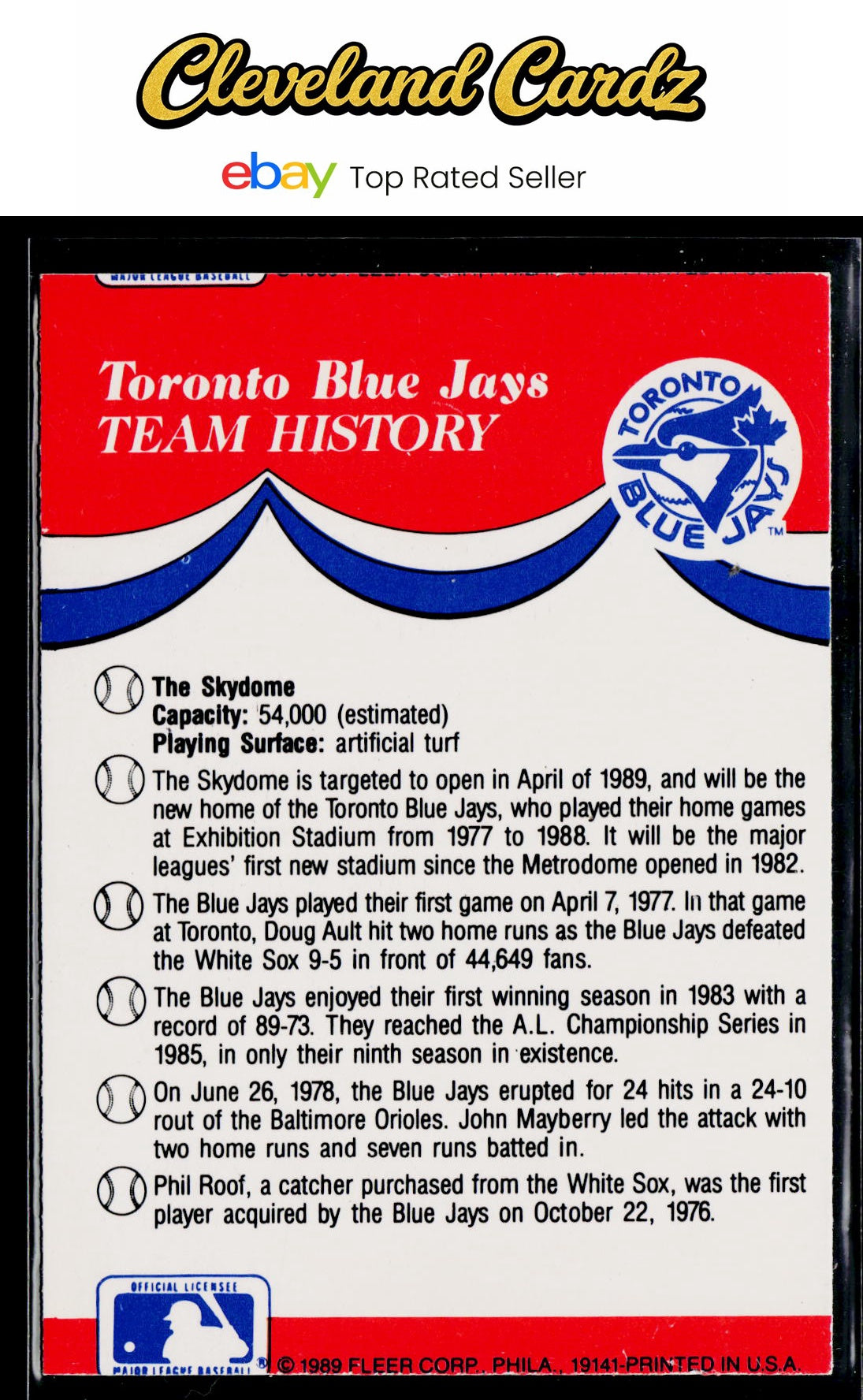 1989 Fleer #NNO Toronto Blue Jays Team Stickers