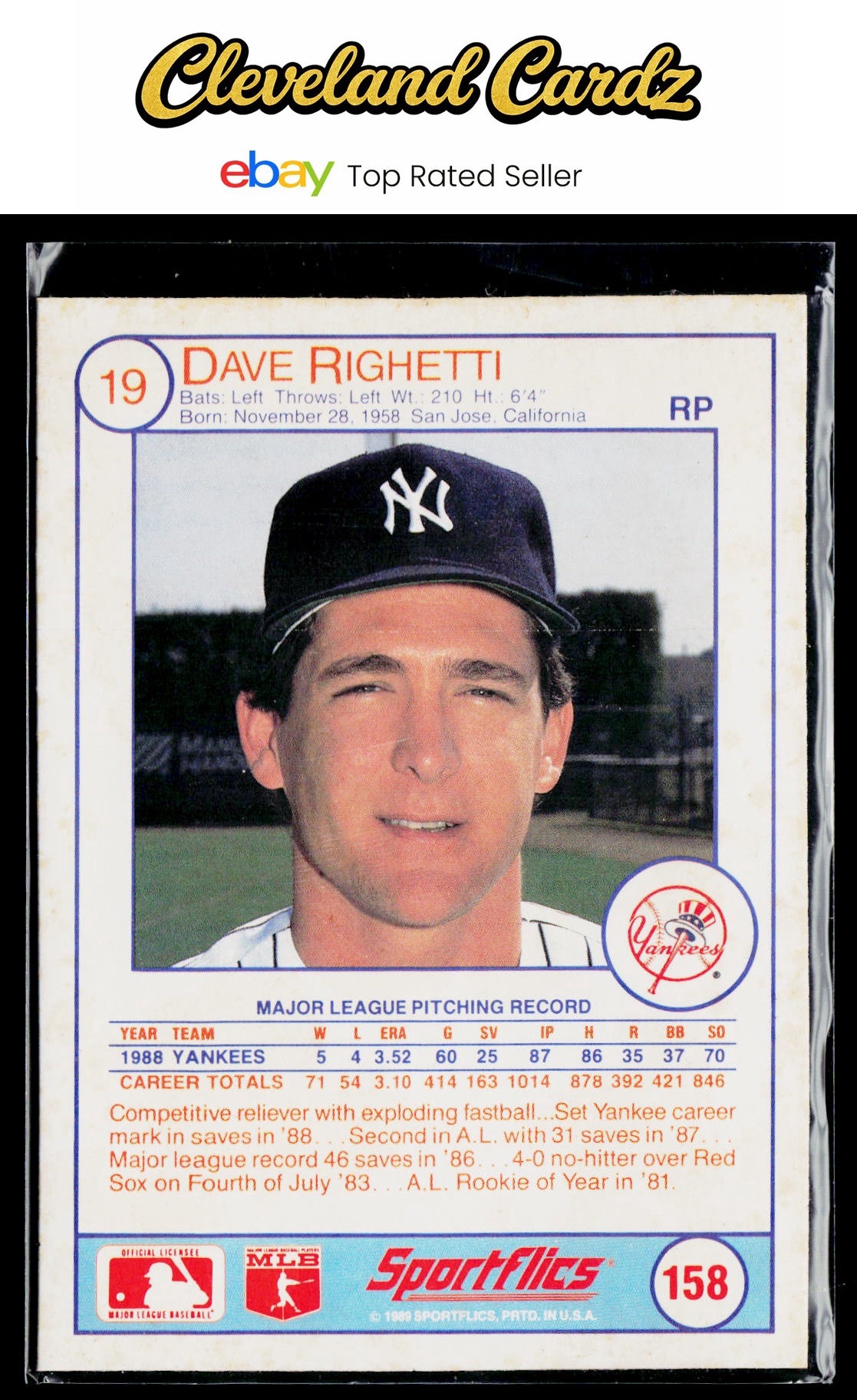 1989 Sportflics #19 Dave Righetti