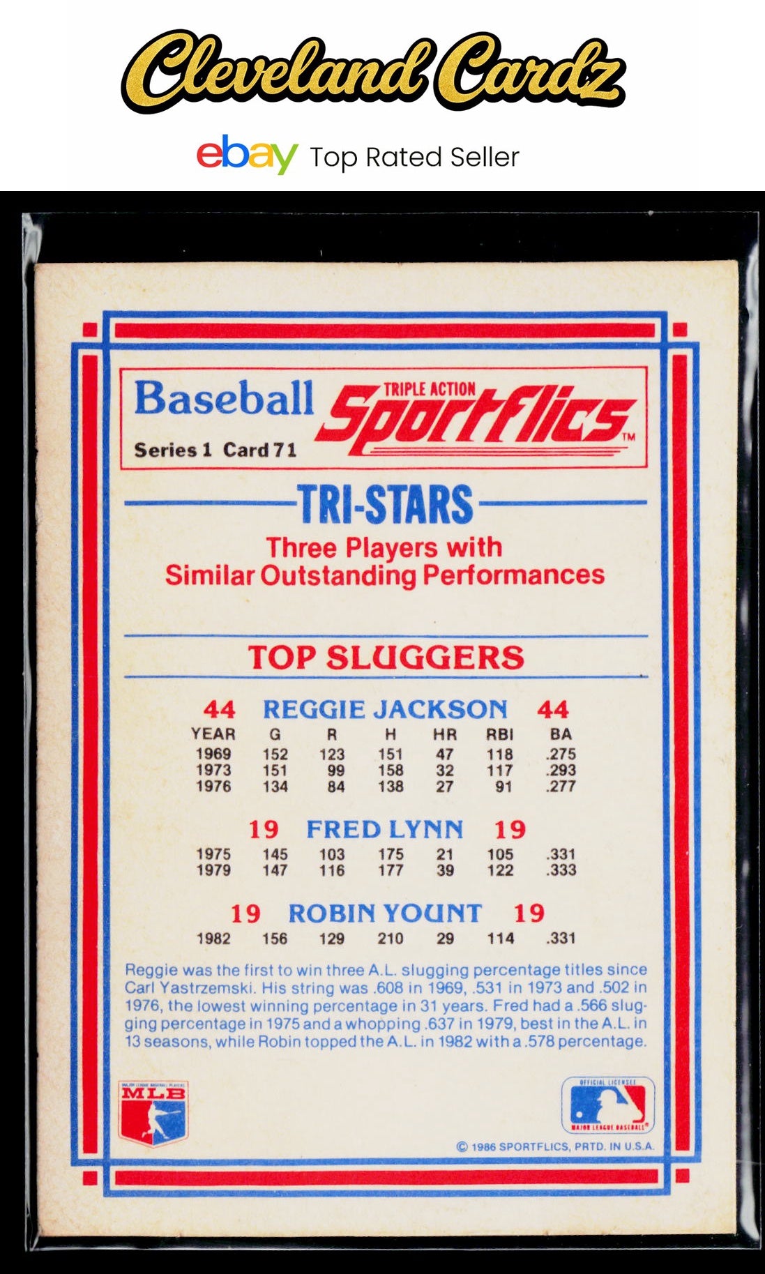 1986 Sportflics #71 Top Sluggers (Reggie Jackson / Fred Lynn / Robin Yount)