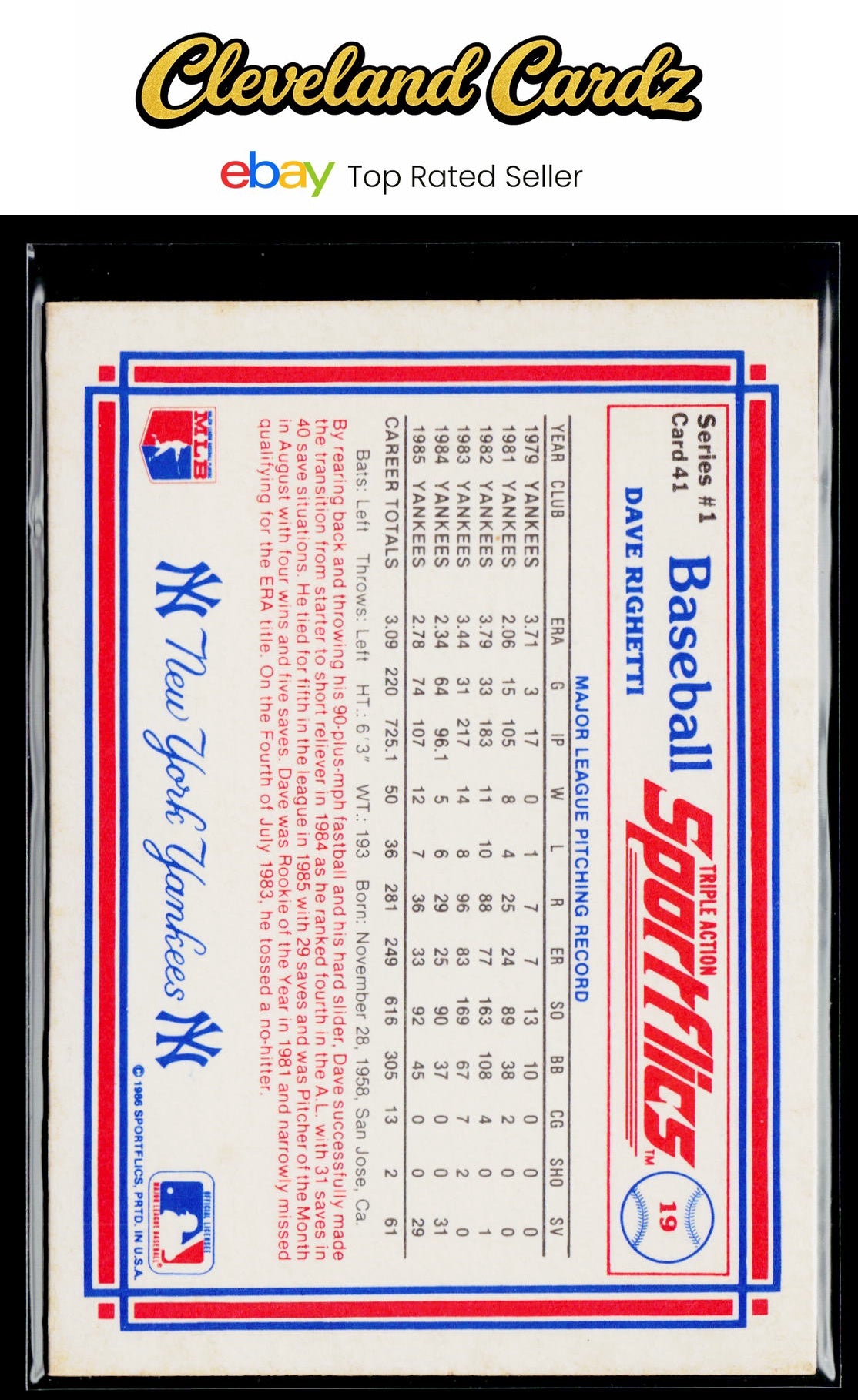 1986 Sportflics #41 Dave Righetti