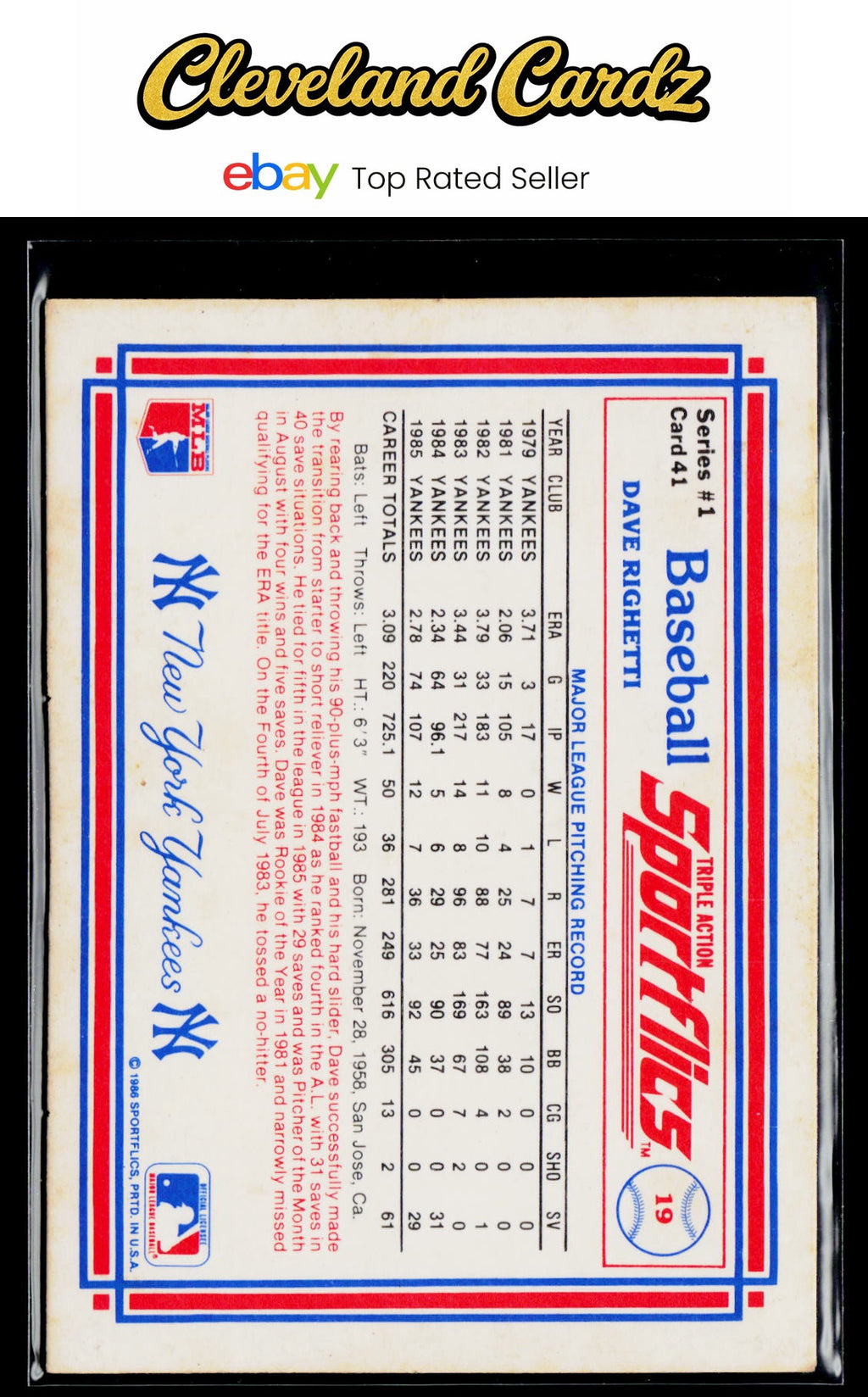 1986 Sportflics #41 Dave Righetti