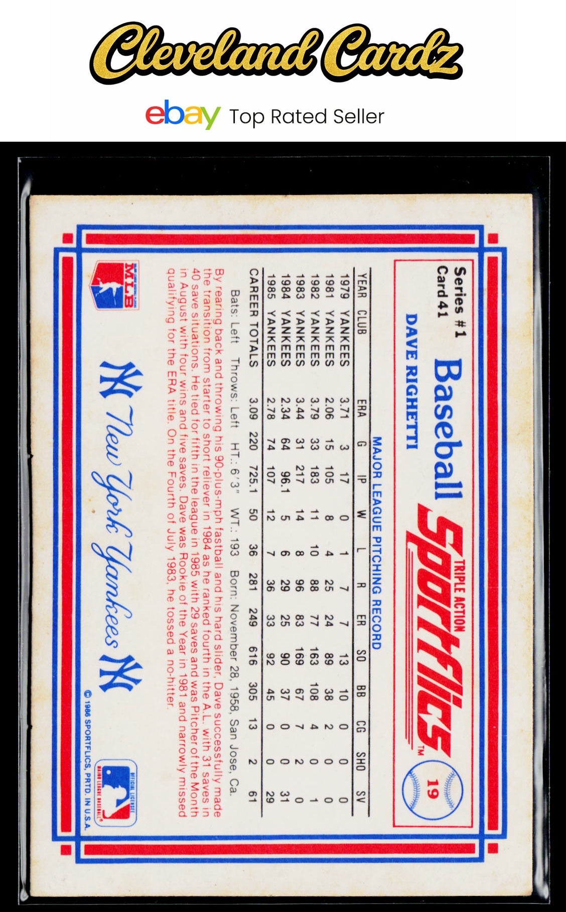 1986 Sportflics #41 Dave Righetti