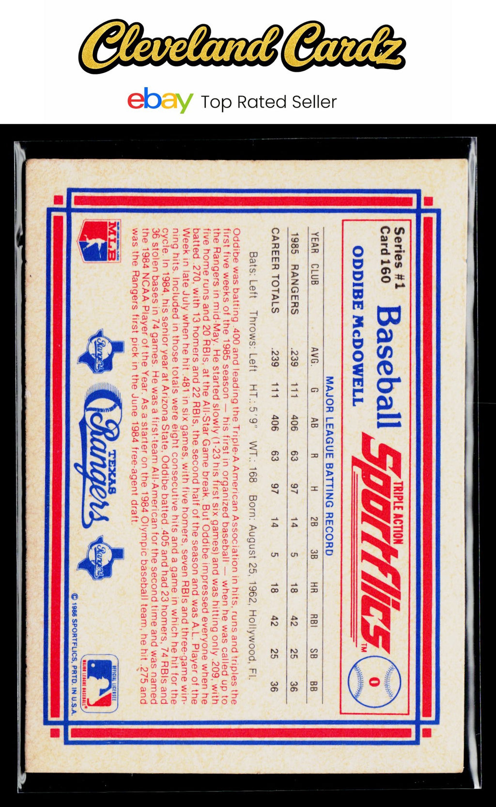 1986 Sportflics #160 Oddibe McDowell