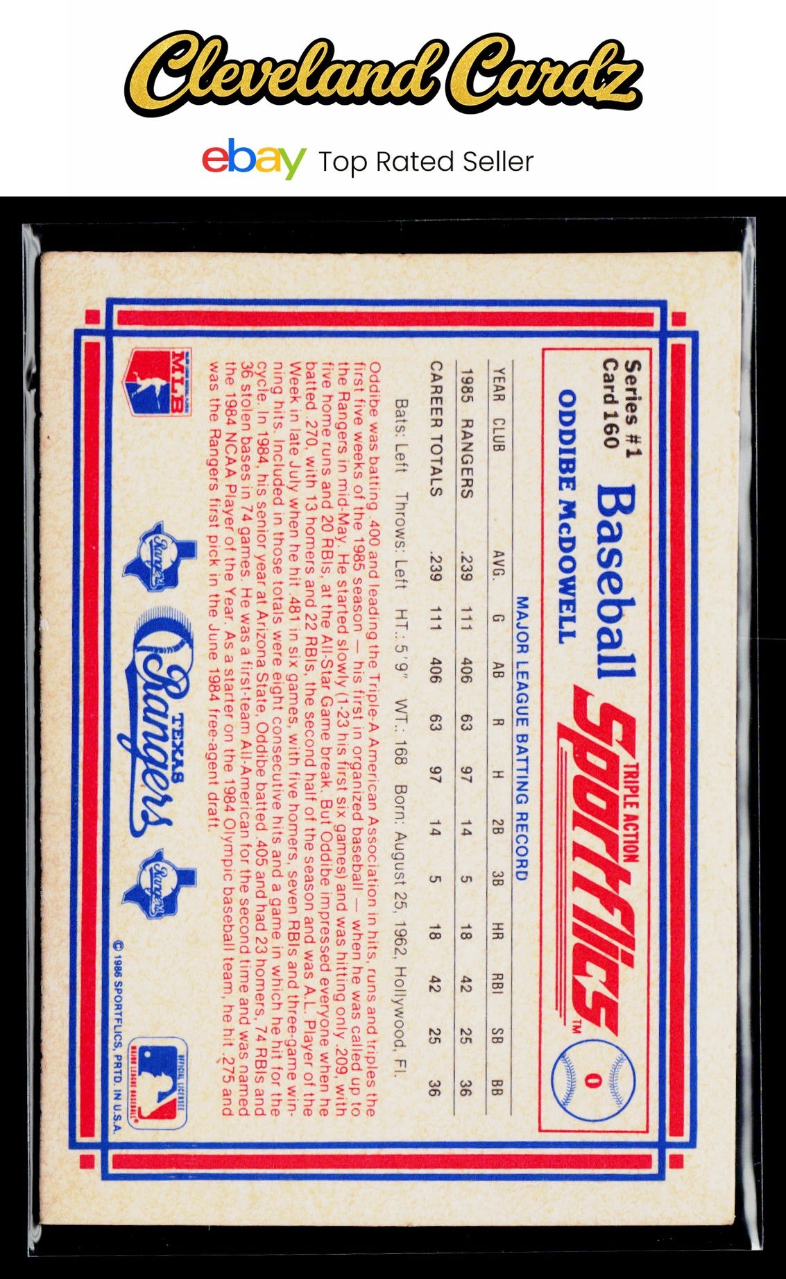 1986 Sportflics #160 Oddibe McDowell
