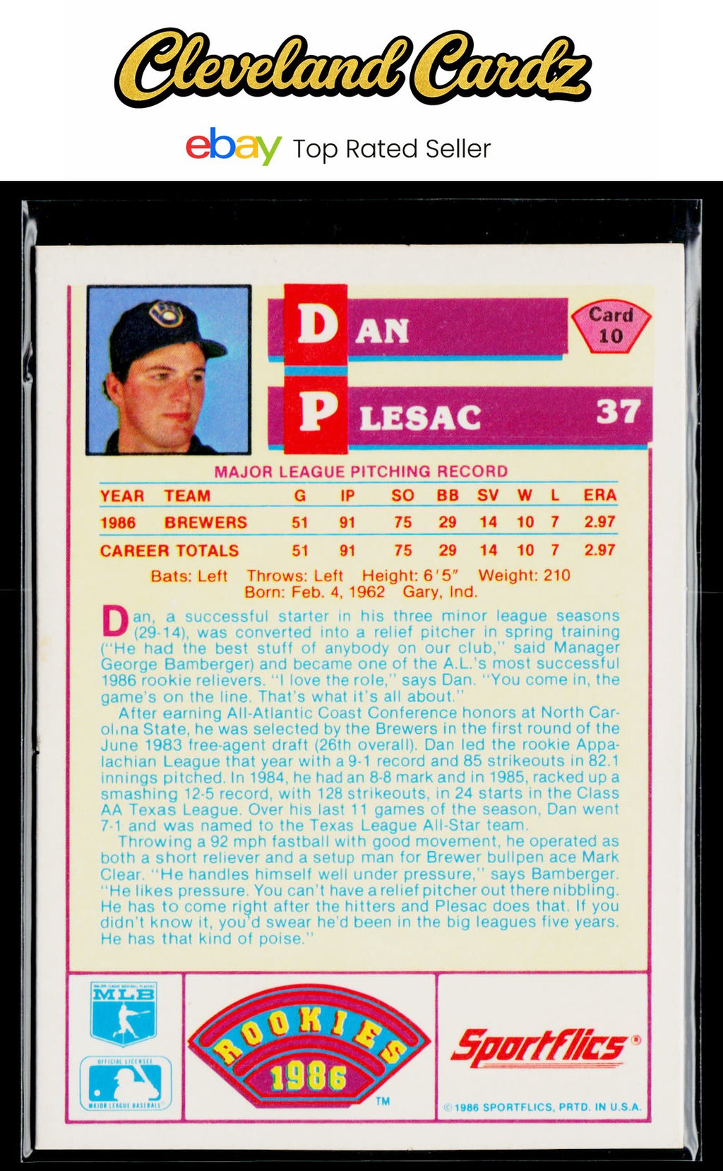 1986 Sportflics Rookies #10 Dan Plesac