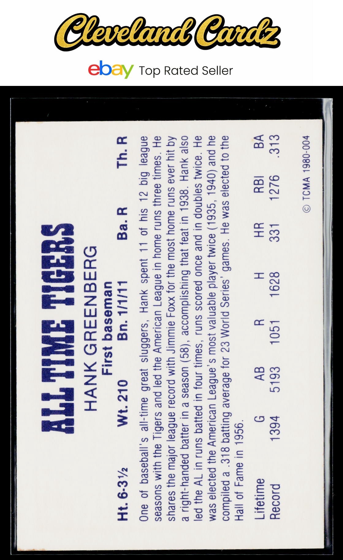 1980 TCMA All Time Detroit Tigers #4 Hank Greenberg Red