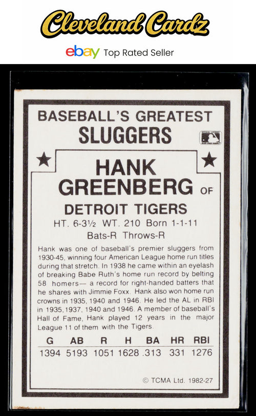 1987 TCMA 1982 Greatest Sluggers #27 Hank Greenberg