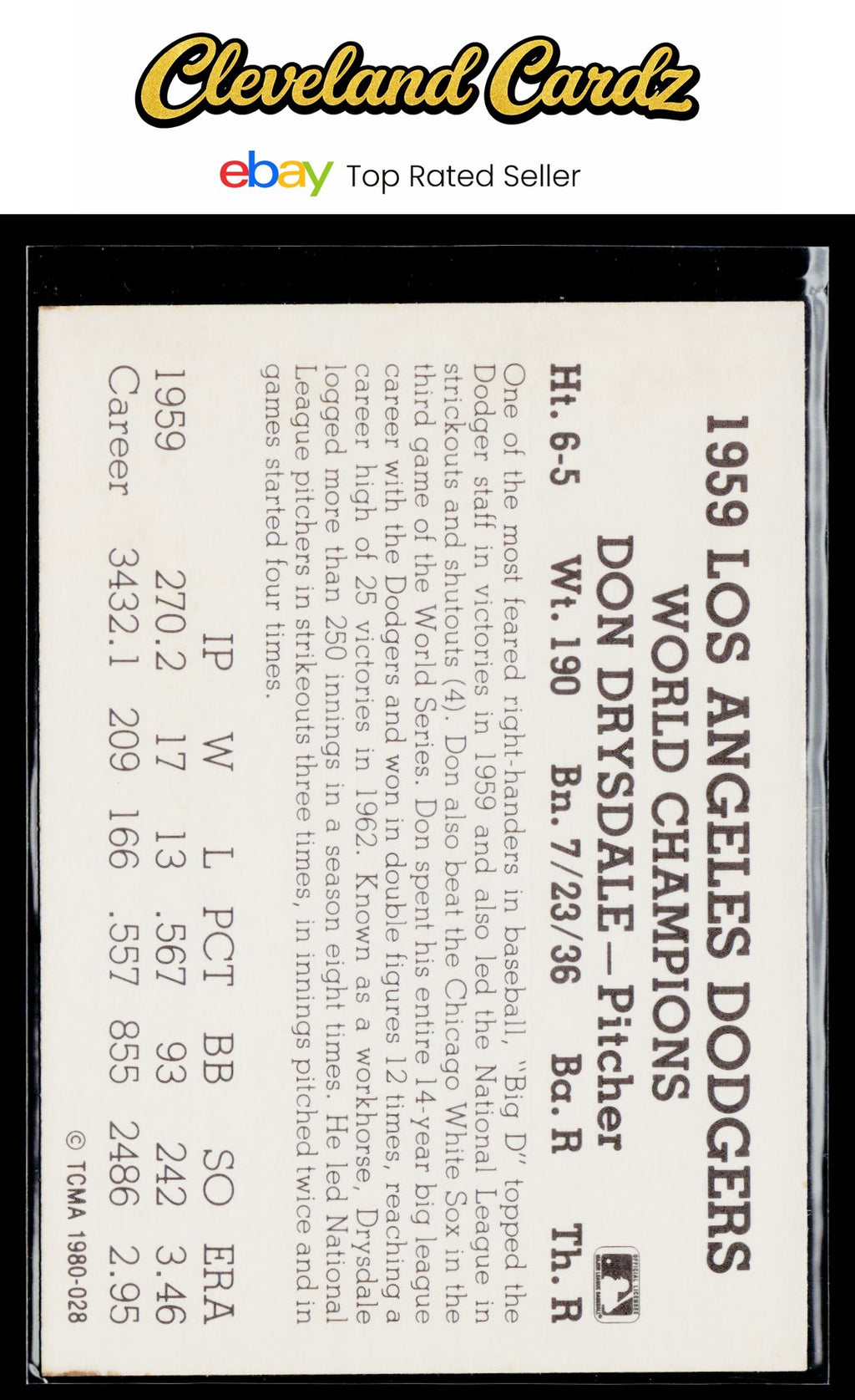1978 TCMA The 1960's I #3b Don Drysdale : Black Text on Back