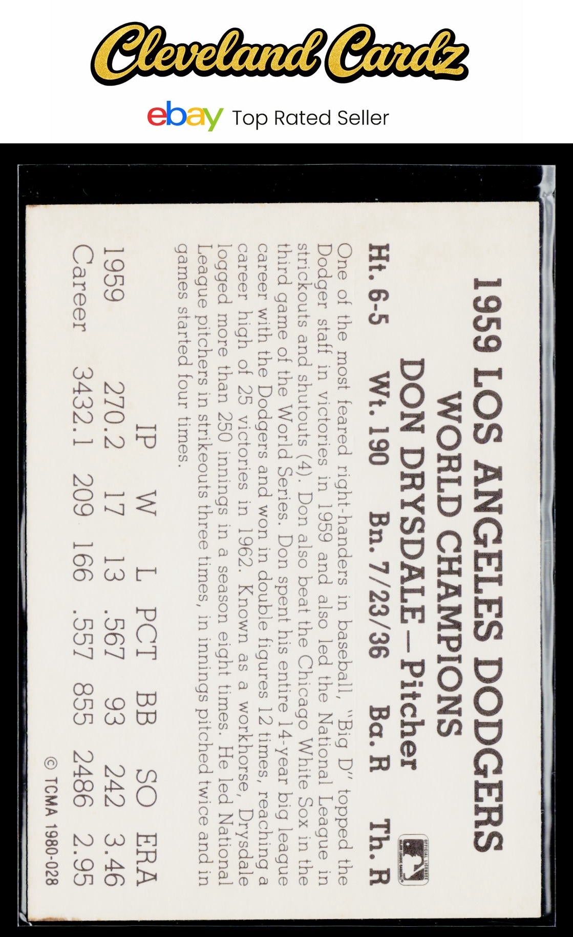 1978 TCMA The 1960's I #3b Don Drysdale : Black Text on Back
