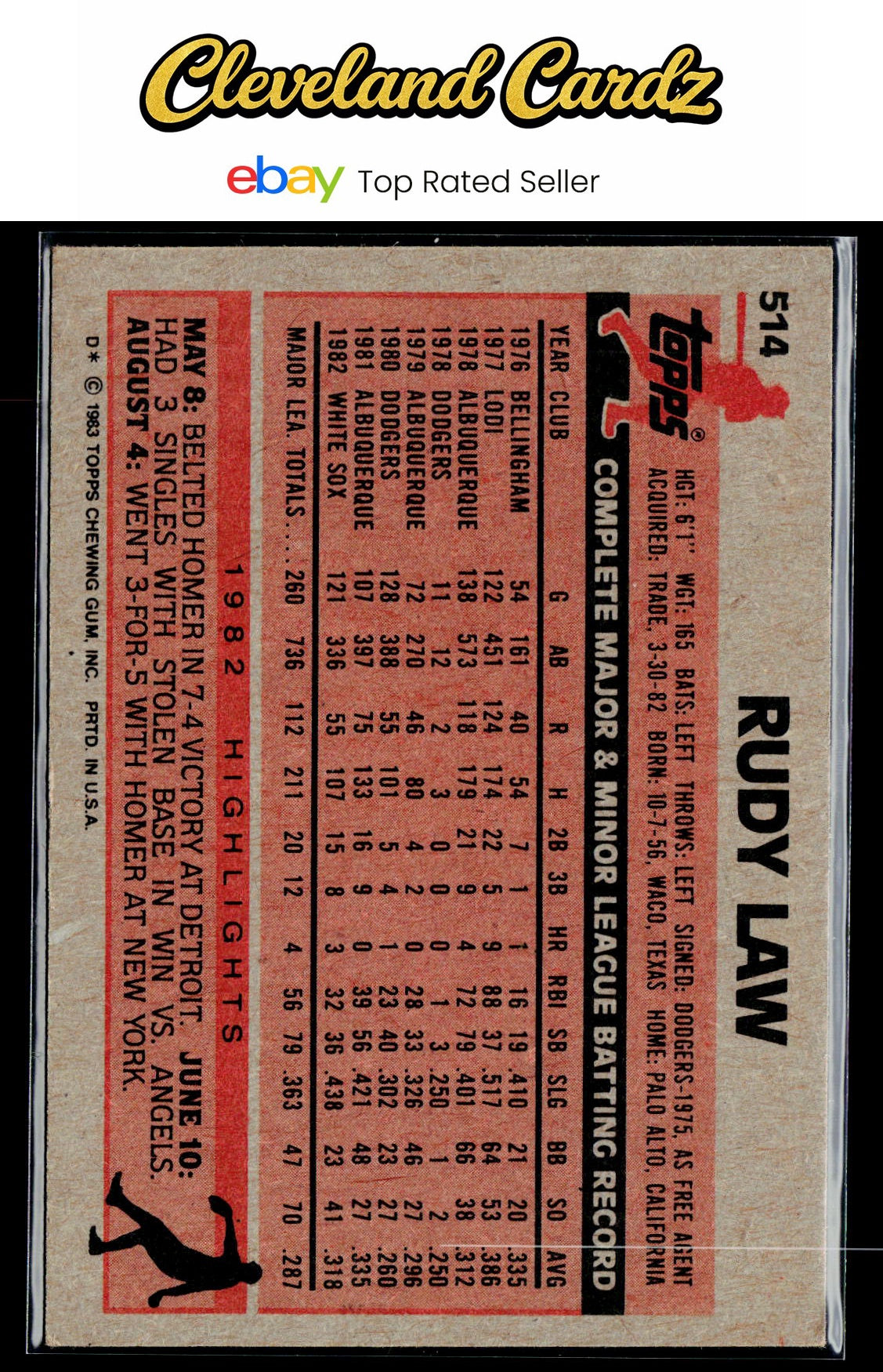 1983 Topps #514 Rudy Law
