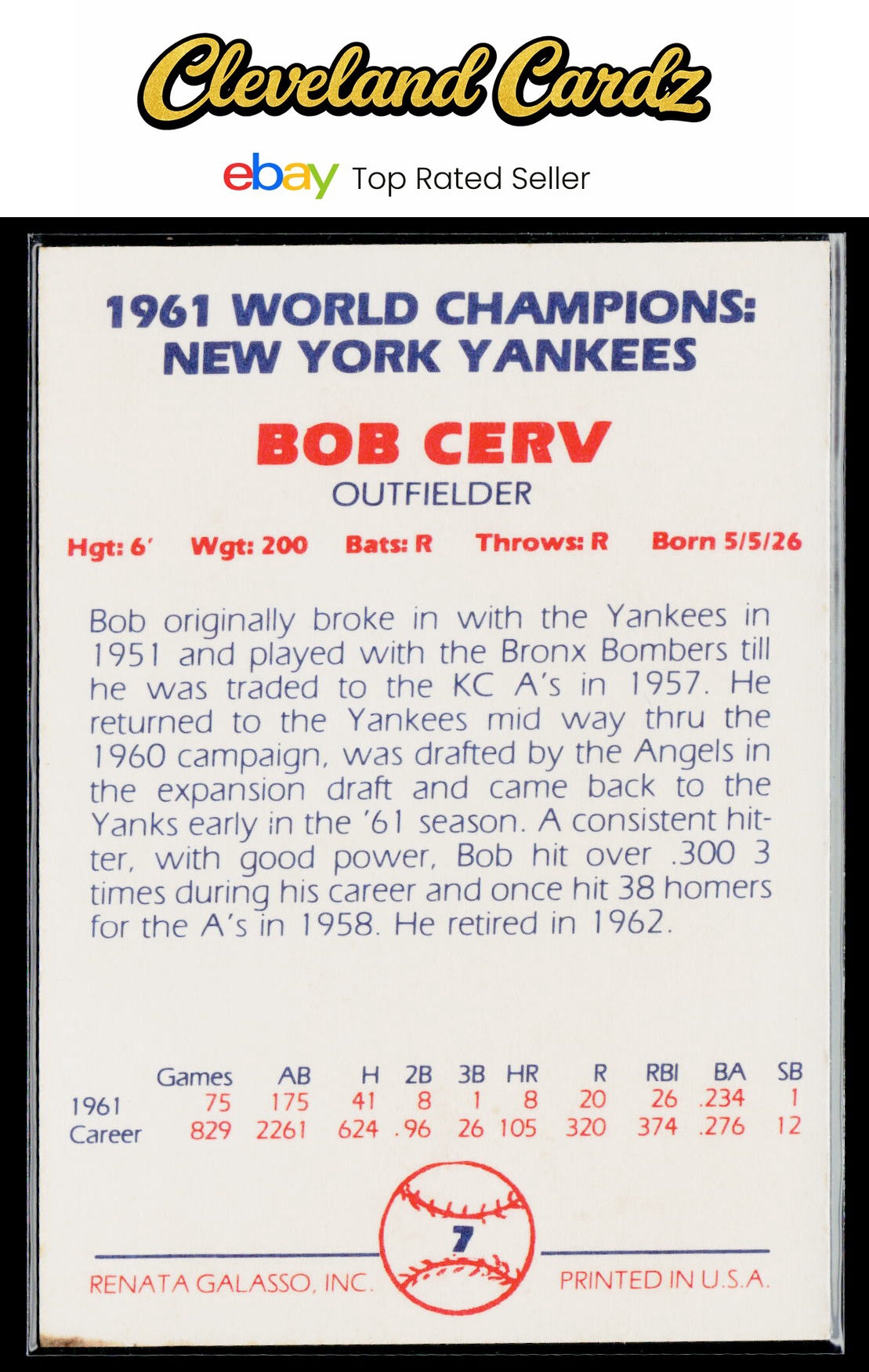 1982 Galasso 1961 World Champions New York Yankees #7 Bob Cerv
