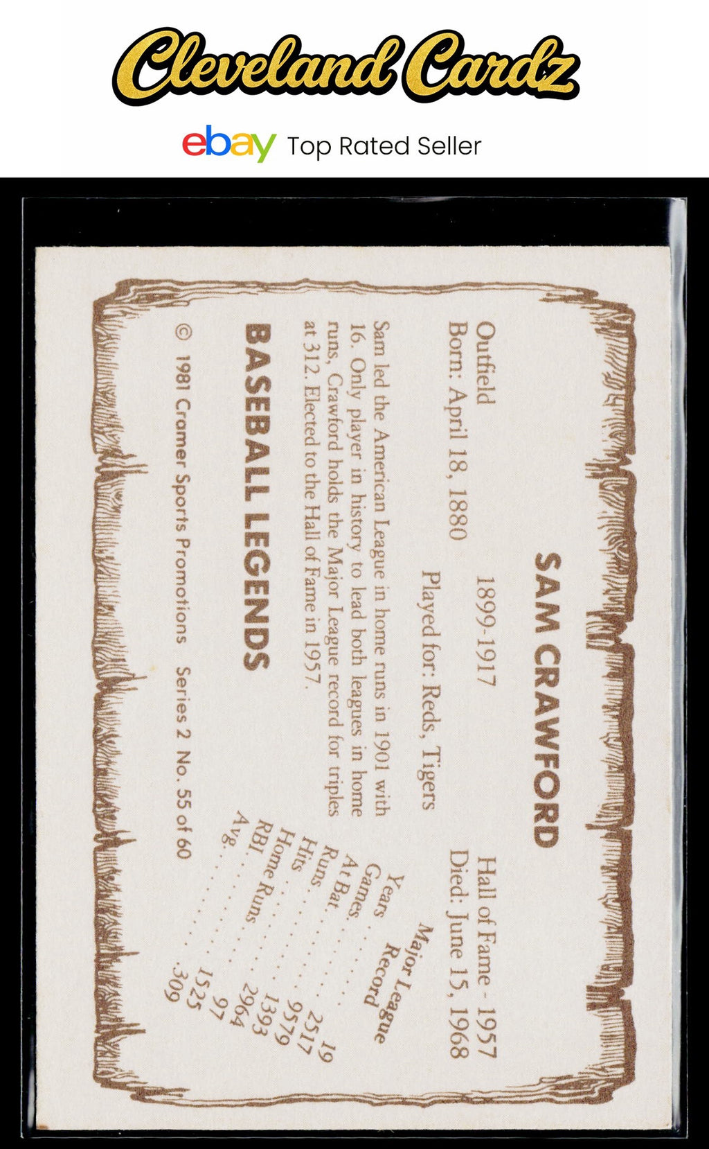 1981 Cramer Baseball Legends Series 2 #55 Sam Crawford