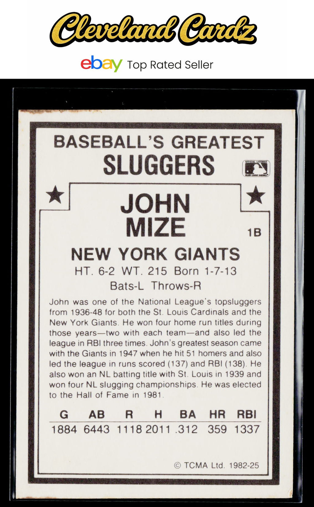 1987 TCMA 1982 Greatest Sluggers #25 Johnny Mize