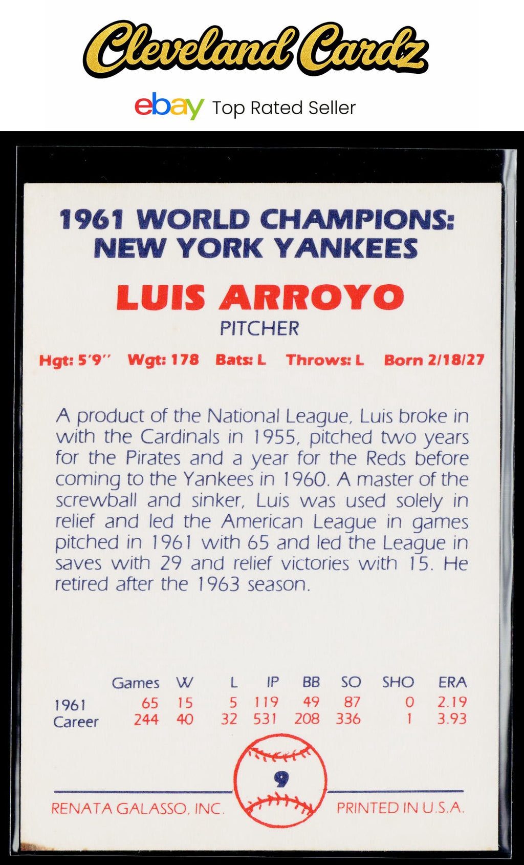 1982 Galasso 1961 World Champions New York Yankees #9 Luis Arroyo