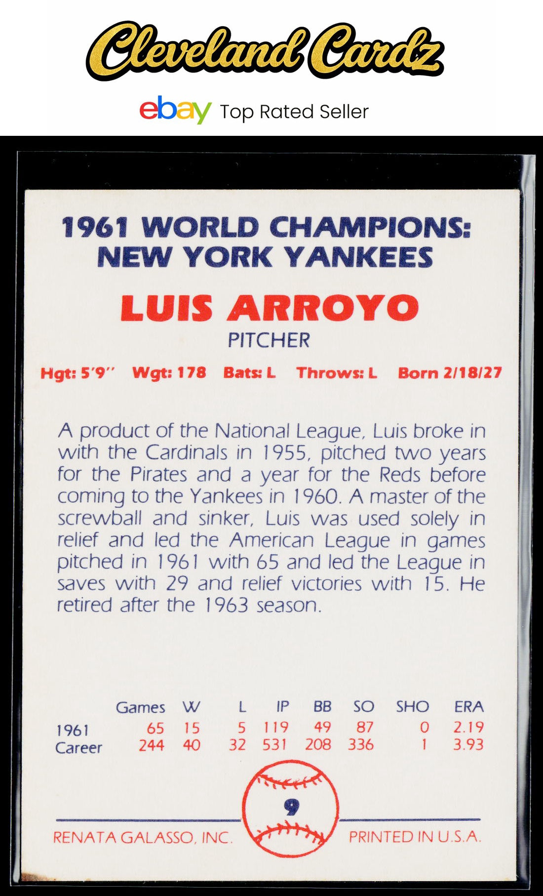 1982 Galasso 1961 World Champions New York Yankees #9 Luis Arroyo