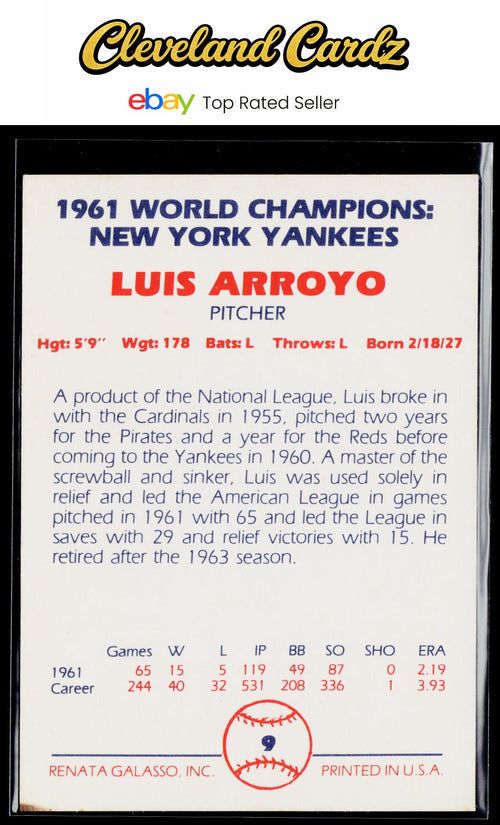 1982 Galasso 1961 World Champions New York Yankees #9 Luis Arroyo