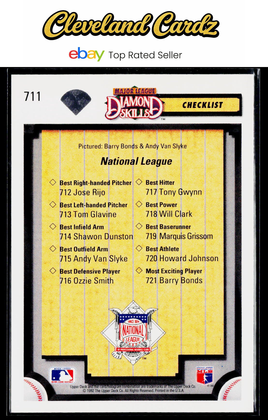 1992 Upper Deck #711 Diamond Skills Checklist (Barry Bonds / Andy Van Slyke)