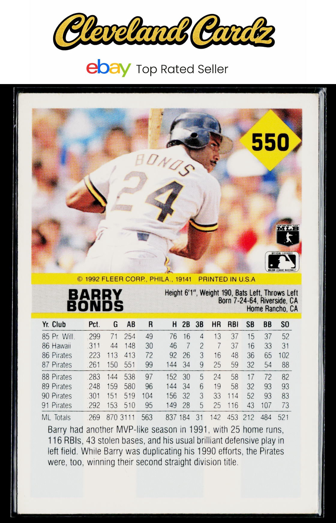 1992 Fleer #550 Barry Bonds