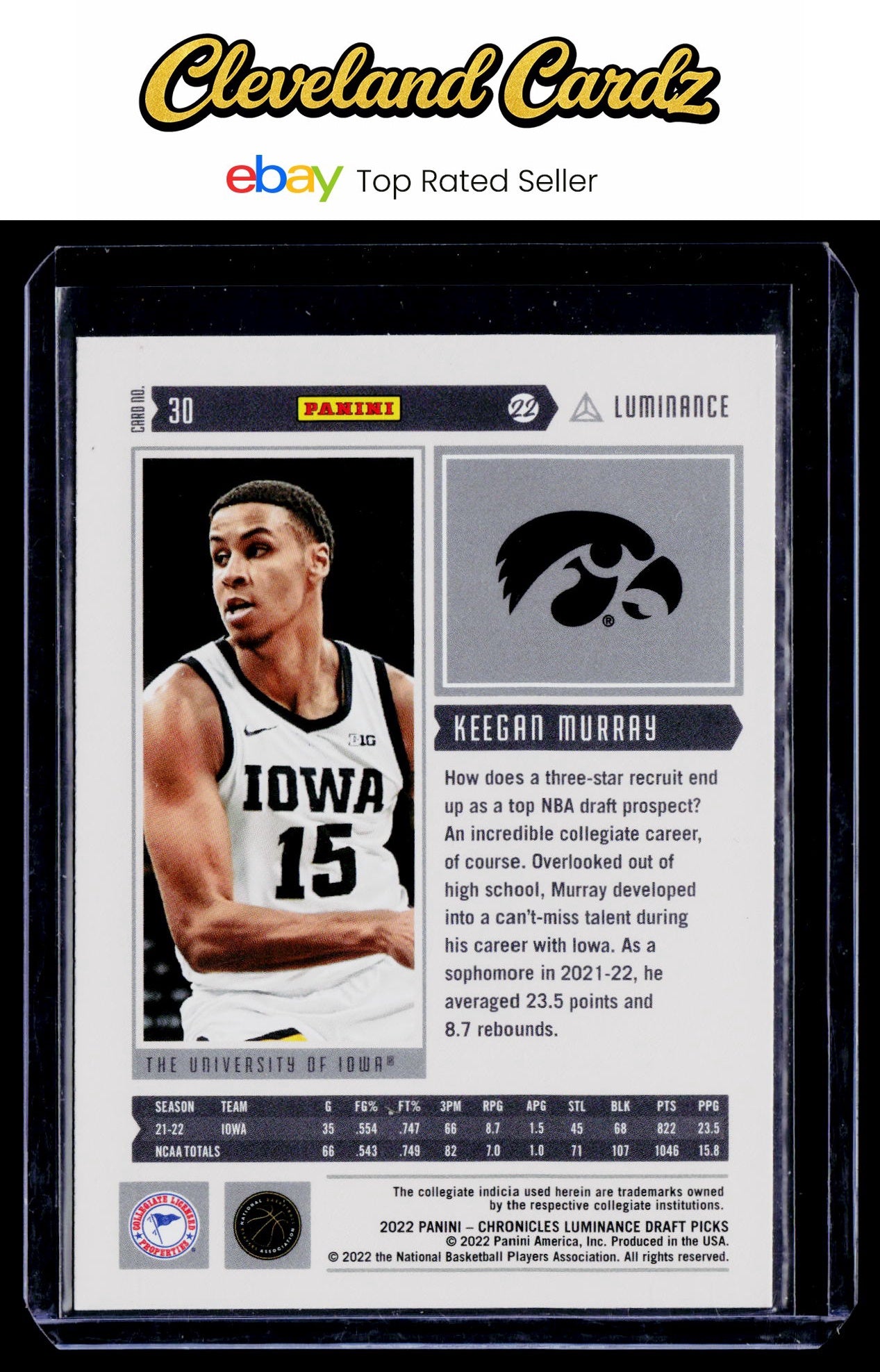 2022 Panini Chronicles Draft Picks #30 Keegan Murray Luminance Black RC