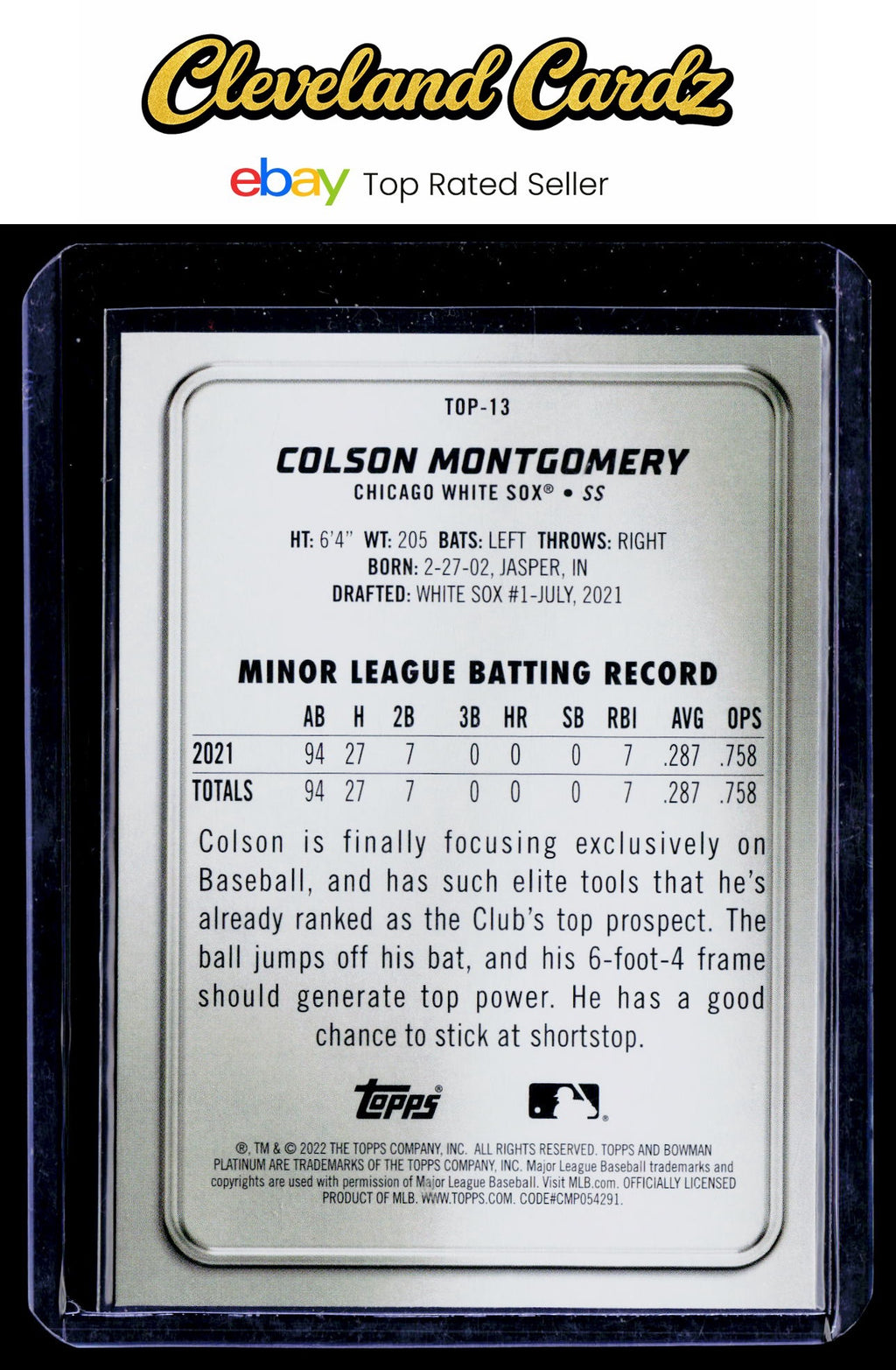 2022 Bowman Platinum #TOP-13 Colson Montgomery Top Prospects Ice Foilboard