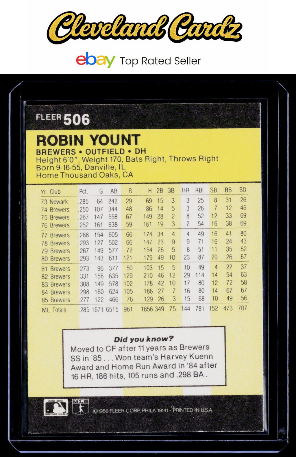 1986 Fleer #506 Robin Yount