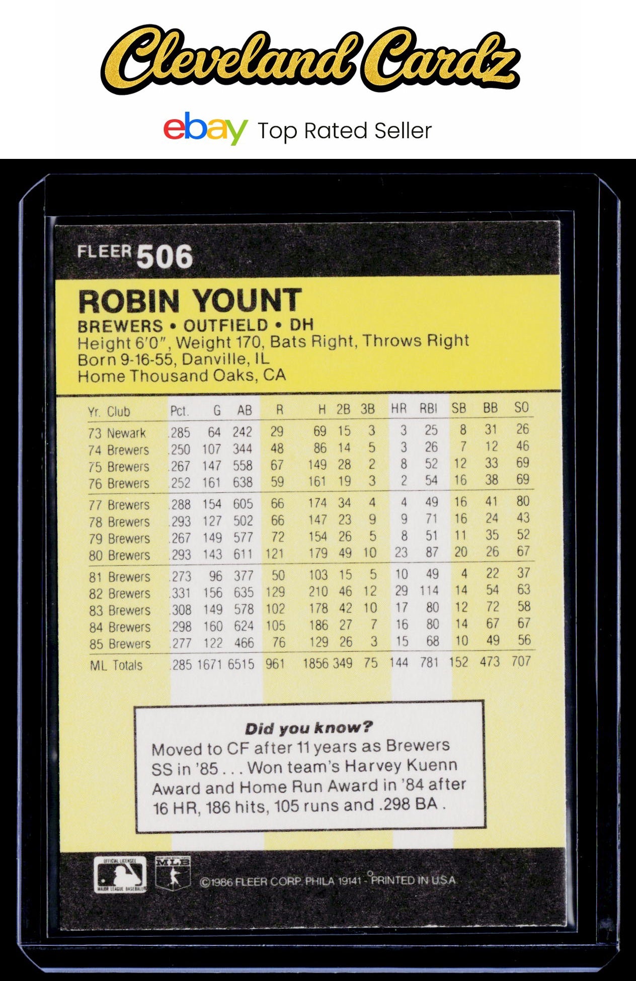 1986 Fleer #506 Robin Yount