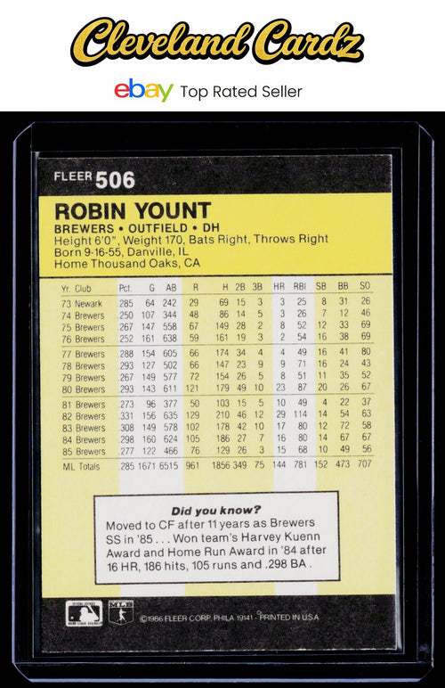 1986 Fleer #506 Robin Yount