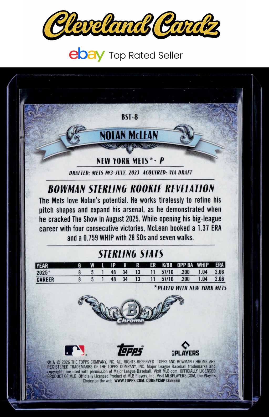 2026 Bowman #BST-8 Nolan McLean Bowman Sterling Mojo Refractors