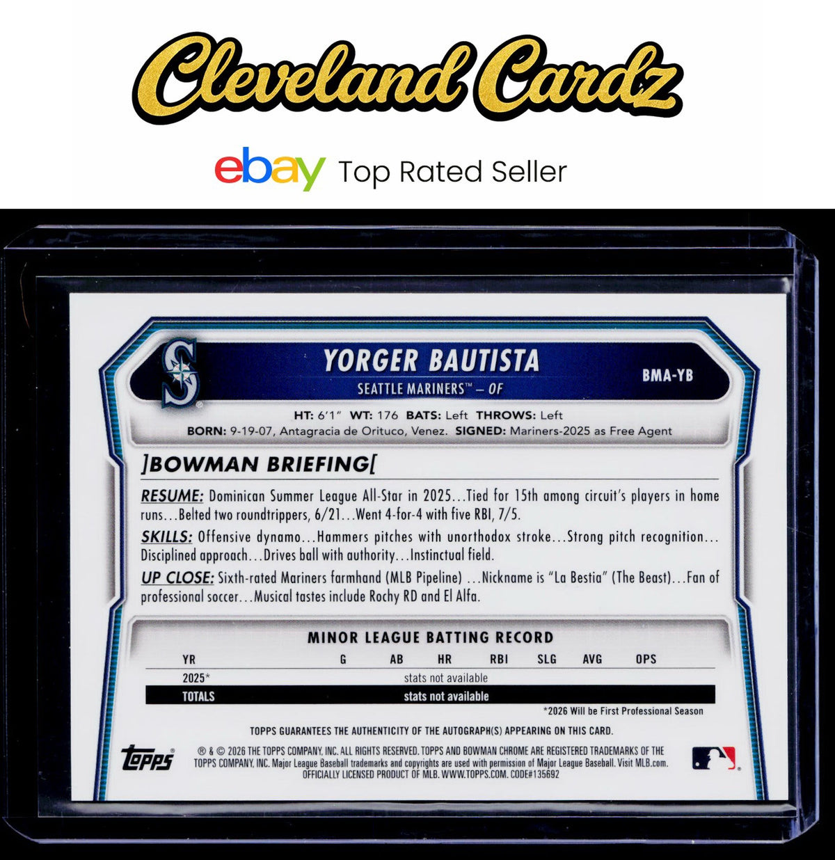 2025 Bowman Chrome #BMA-YB Yorger Bautista Prospect Autographs Mega Mojo