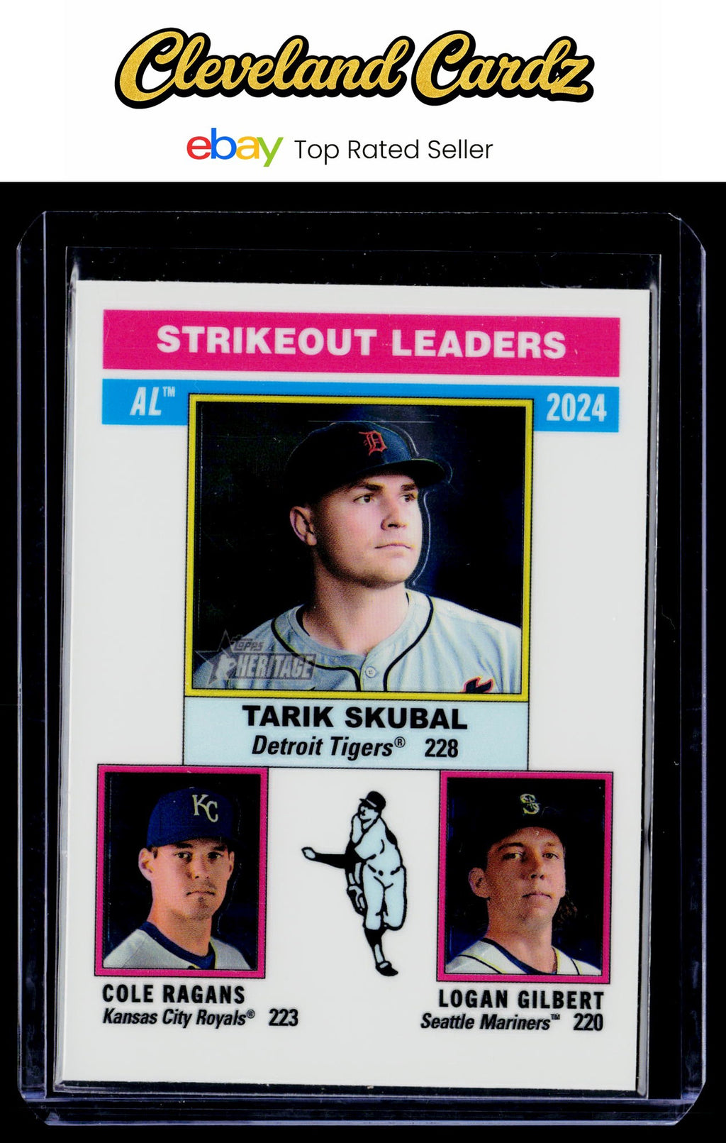 2025 Topps Heritage #204 AL Strikeout Leaders (L. Gilbert/T. Skubal/C. Ragans)