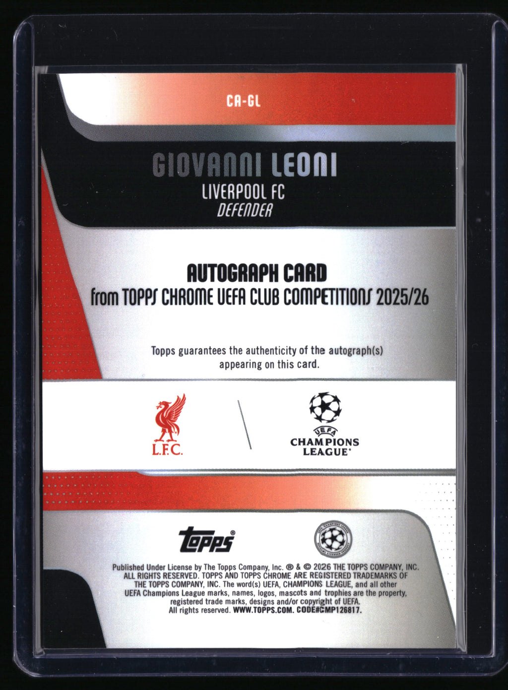 2025-26 Topps Chrome UEFA #CA-GL Giovanni Leoni Chrome Autographs