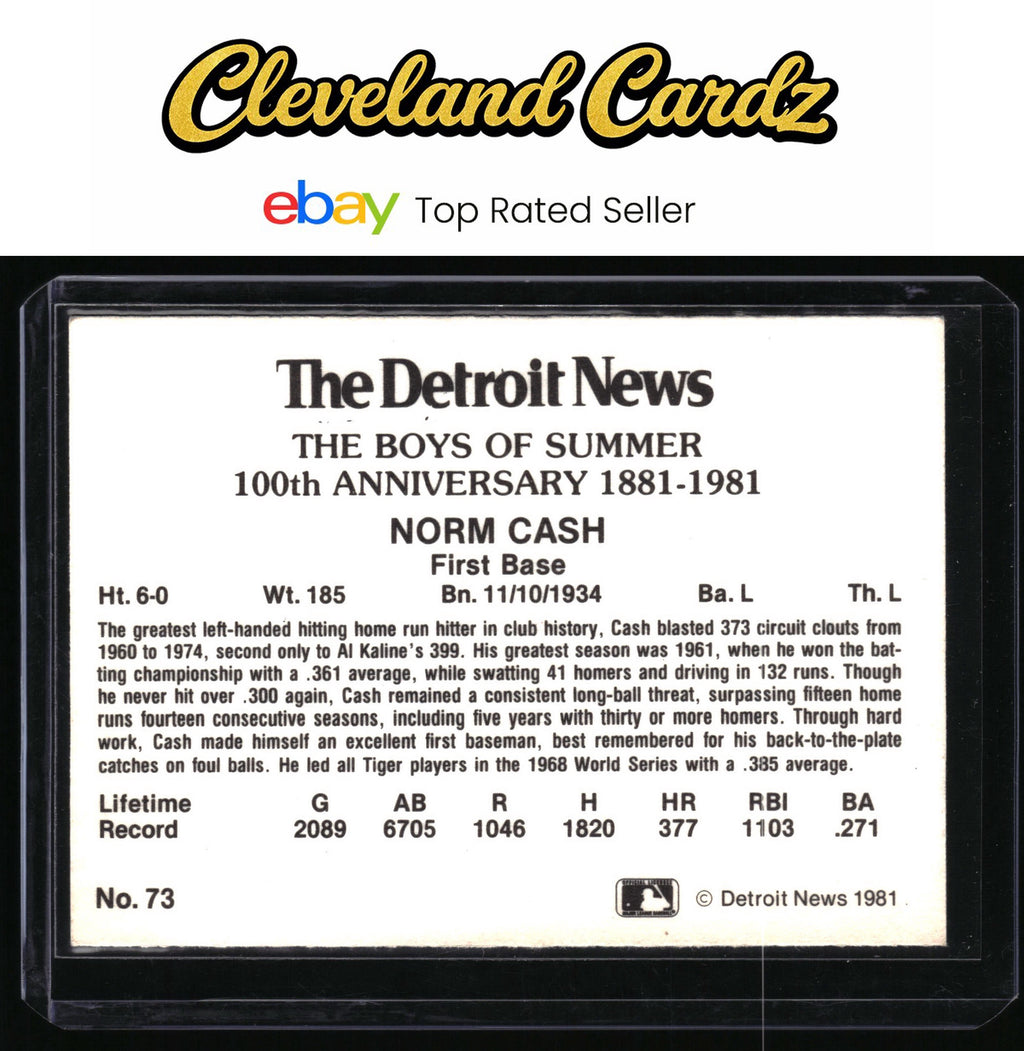 1981 Detroit News #73e Norm Cash:White Border "Detroit News" Red Text, MLB Logo
