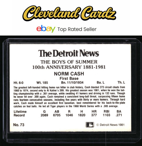 1981 Detroit News #73e Norm Cash:White Border "Detroit News" Red Text, MLB Logo