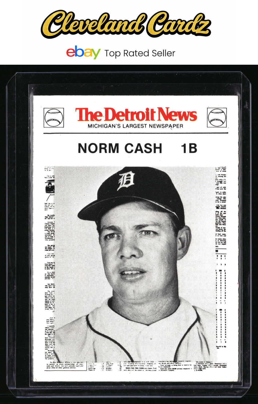 1981 Detroit News #73e Norm Cash:White Border "Detroit News" Red Text, MLB Logo